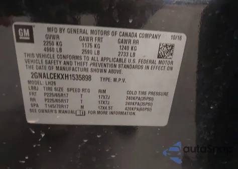 2017 Chevrolet Equinox Lt from USA, damaged, VIN 2GNALCEKXH1535898